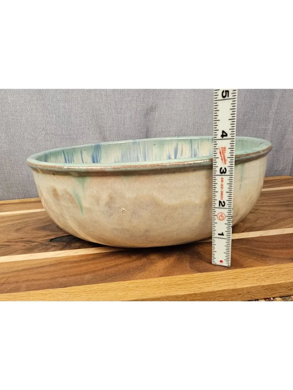 Cowans Pottery Arden N.C. Large Blue Green Drip Glaze Ceramic Mixing Bowl 12 In